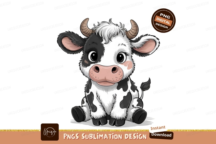 Cute Cartoon Cow Calf Sublimation Png example image 1