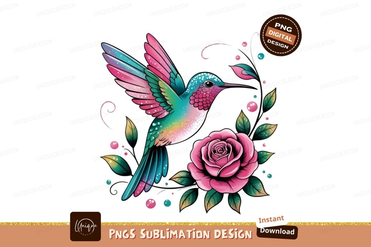 Colorful Hummingbird And Rose Floral Illustration PNG