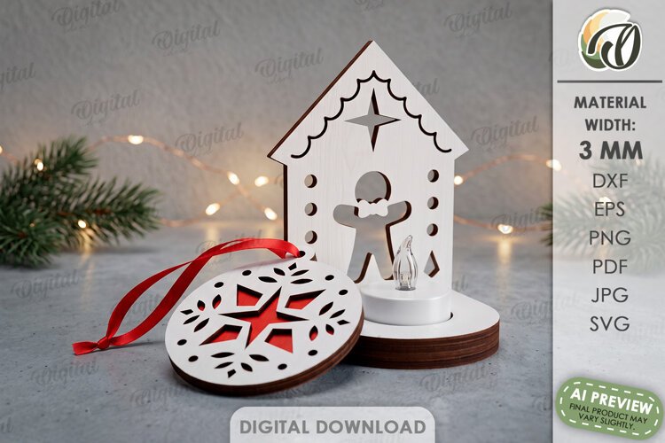 Nordic Christmas Candle Holder with Ornament Laser Cut example image 1
