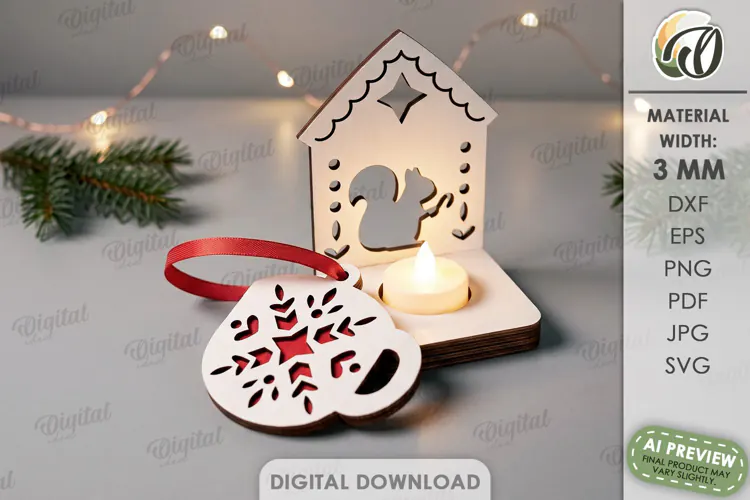 Nordic Christmas Candle Holder with Ornament Laser Cut
