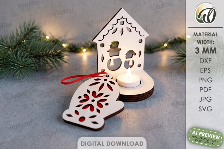 Nordic Christmas Candle Holder with Ornament Laser Cut example image 1