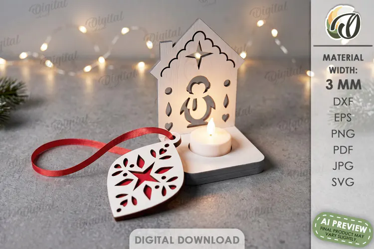 Nordic Christmas Candle Holder with Ornament Laser Cut
