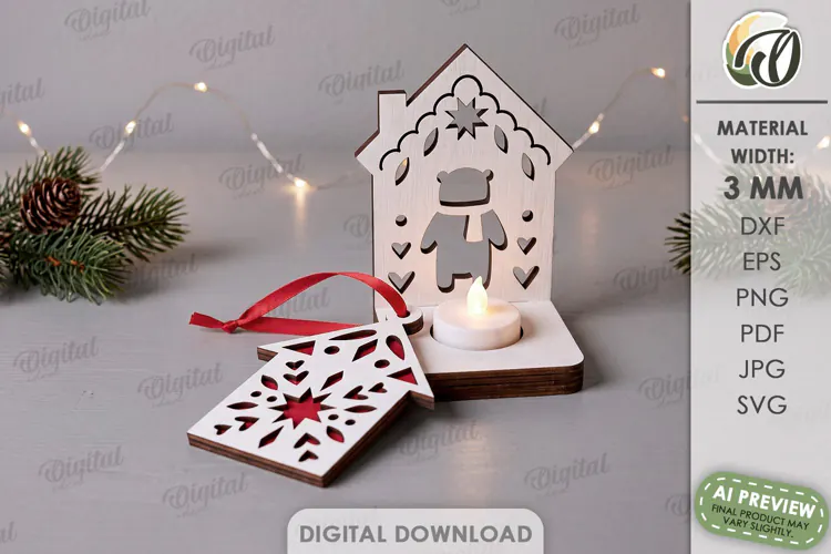 Nordic Christmas Candle Holder with Ornament Laser Cut