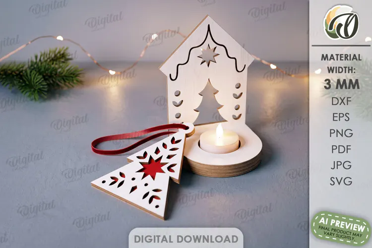 Nordic Christmas Candle Holder with Ornament Laser Cut