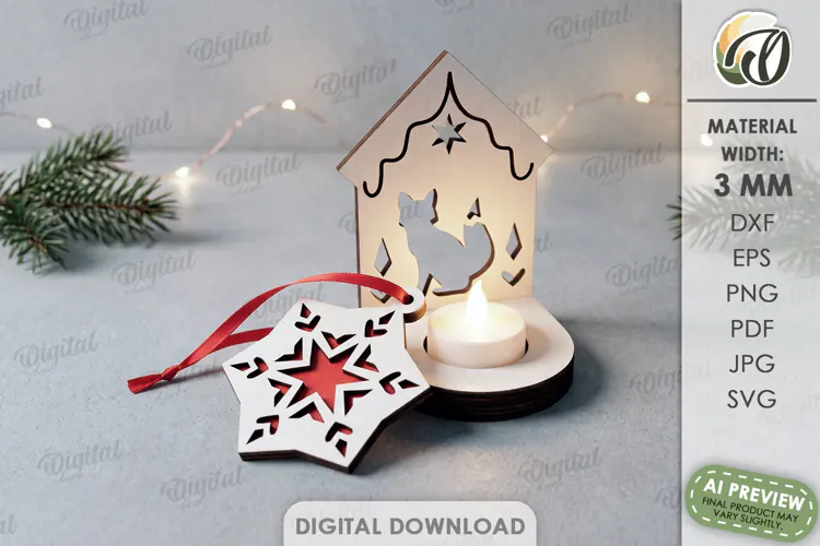 Nordic Christmas Candle Holder with Ornament Laser Cut