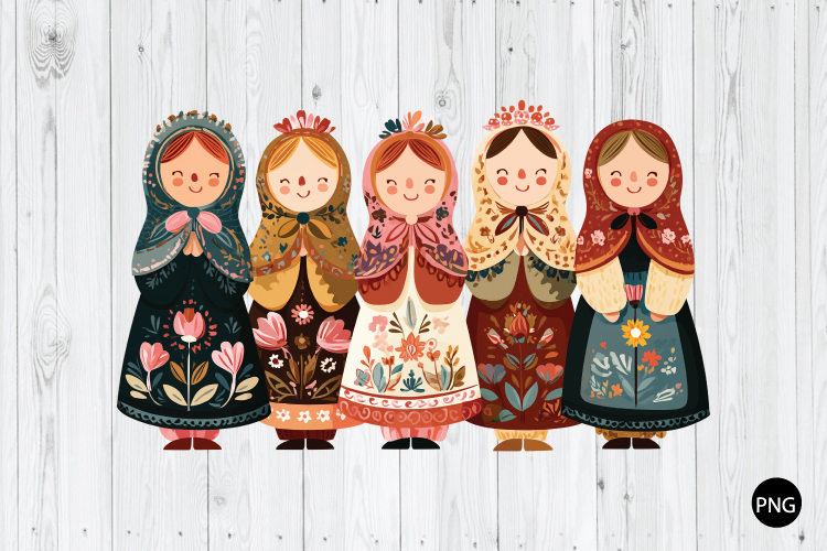 Scandinavian Folk Art Dolls PNG, Matryoshka Dolls PNG
