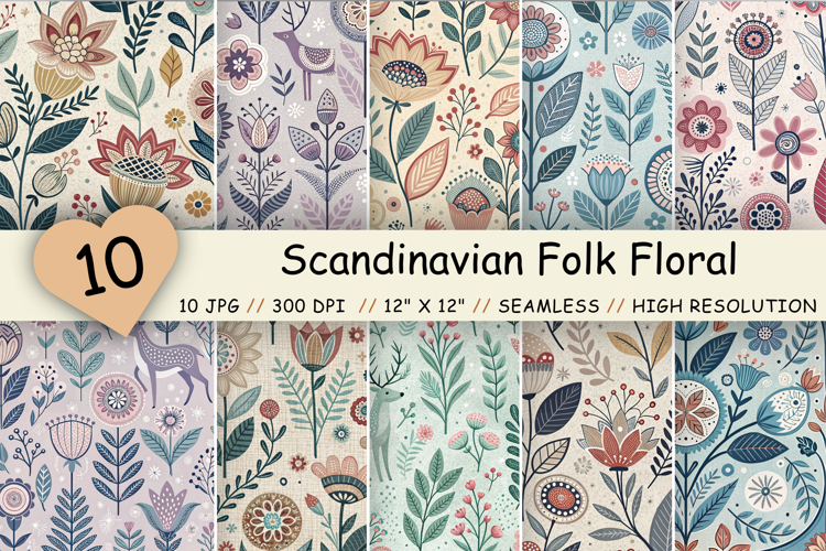 Scandinavian Folk Floral Seamless Patterns Bundle, Nordic
