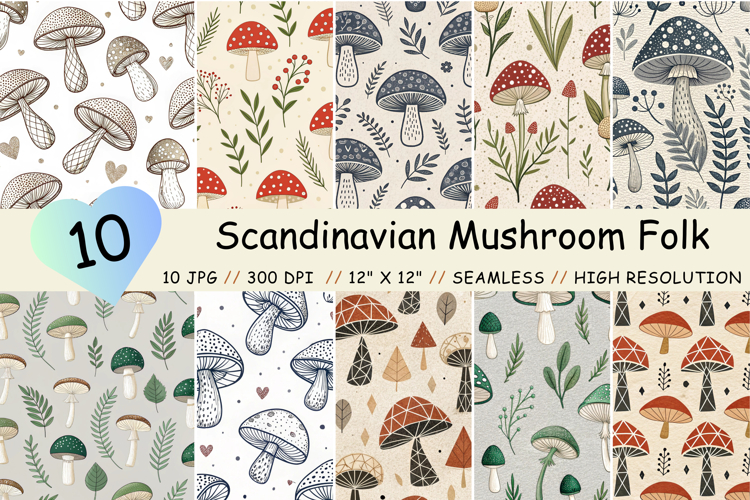 Scandinavian Mushroom Folk Digital Paper, Seamless Pattern