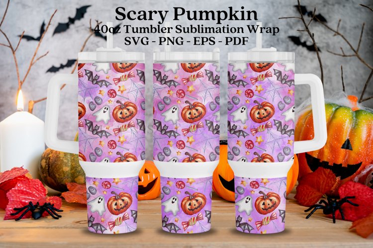 scary pumpkin pink purple watercolor halloween 40oz quencher tumbler sublimation wrap uv dtf wrap SVG high resolution transparent background