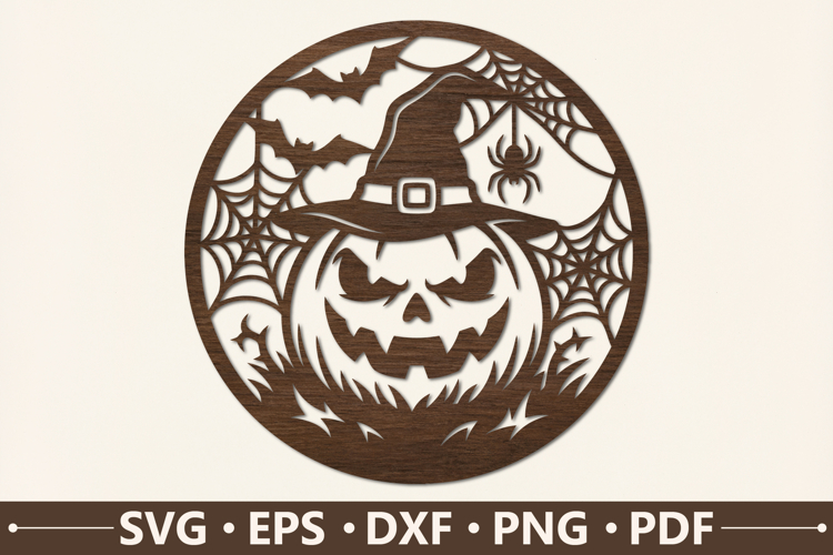 Scary Pumpkin Witch Hat Round SVG Design