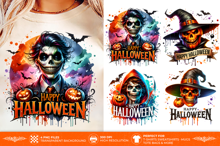 Scary Skull Pumpkin PNG - 4 Witch Halloween Clipart Designs