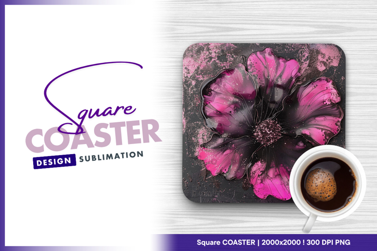Abstract pink and black flower texture square coaster png