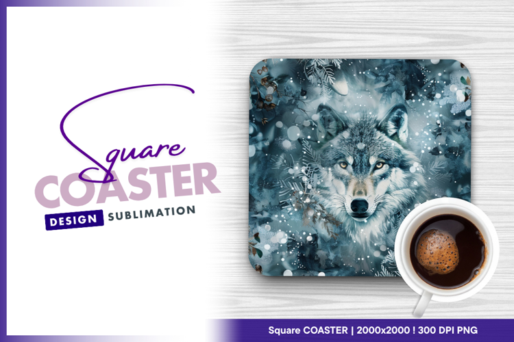 Majestic wolf portrait in wintery floral square coaster