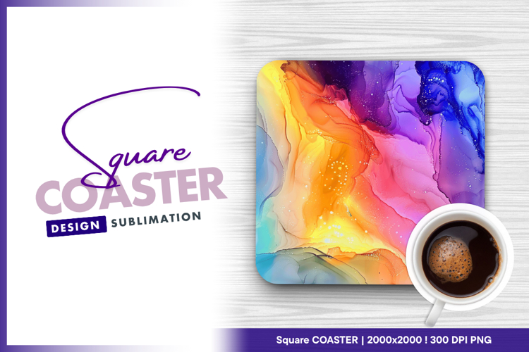 Alcohol ink rainbow art square coaster png