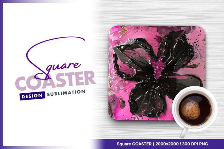 Black flower on pink artistic background square coaster png example image 1