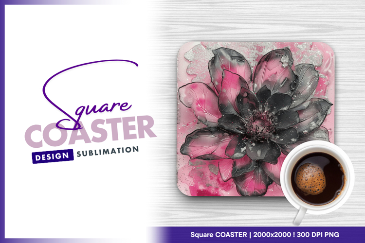 Pink and black floral square coaster png example image 1