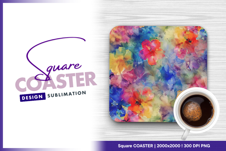 Watercolor flowers seamless pattern square coaster png
