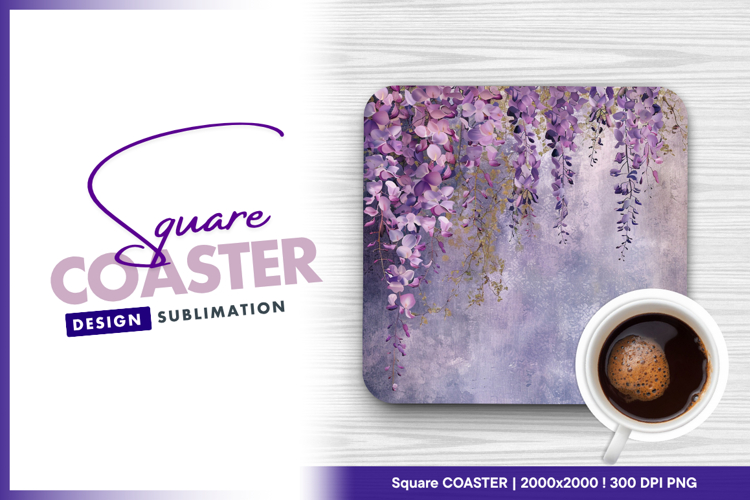 Wisteria flowers hanging over textured square coaster