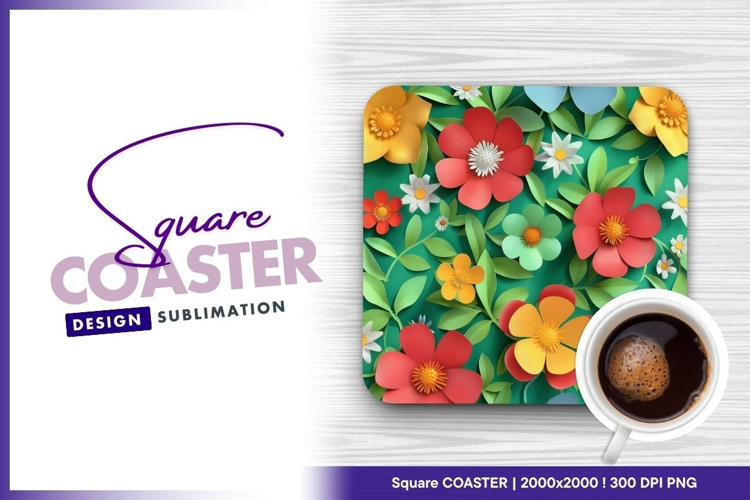 Colorful paper cut flowers on green square coaster