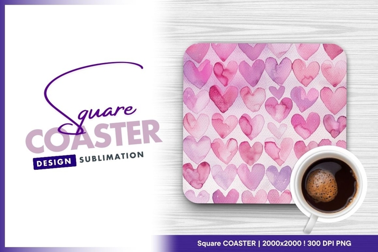 Watercolor hearts pattern square coaster png
