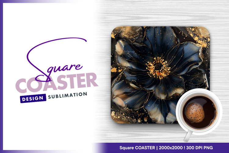Elegant black flower gold accents square coaster