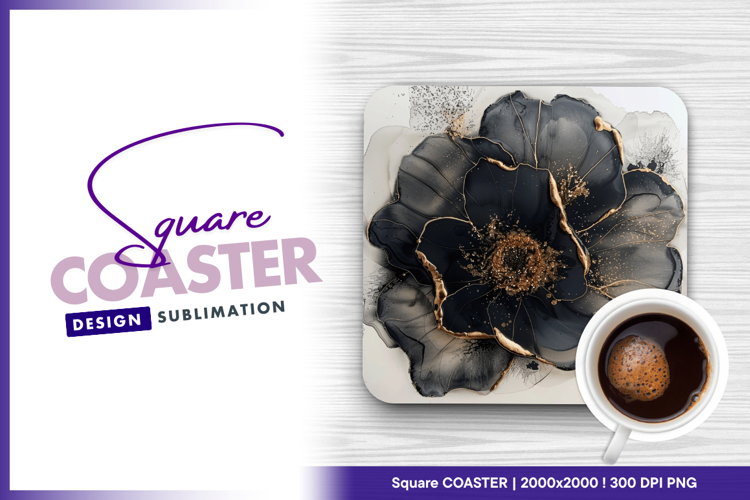 Abstract black flower with golden details Square Coaster