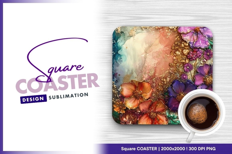 Floral art with gold accent square coaster