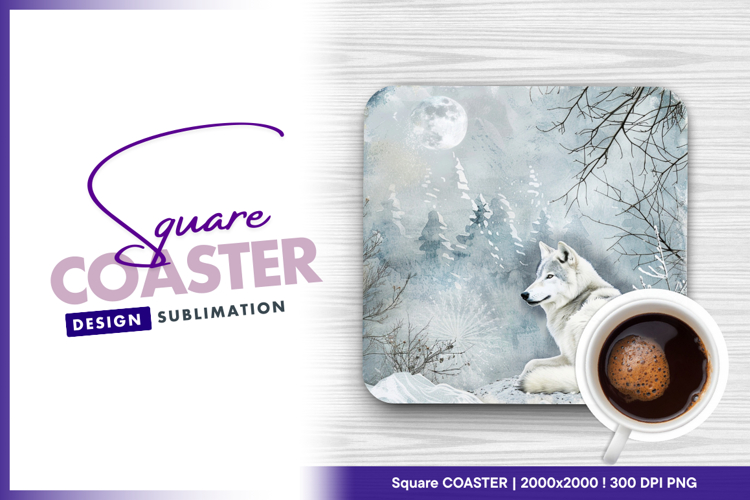 White wolf under moonlit winter forest scene Square Coaster