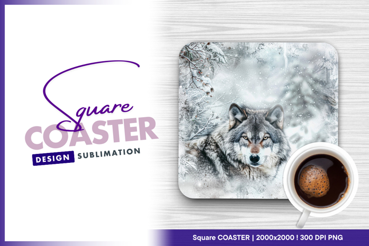 Wolf portrait in snowy winter forest scene Square Coaster