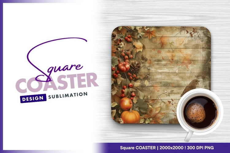 Autumnal fruits birds on rustic wood square coaster