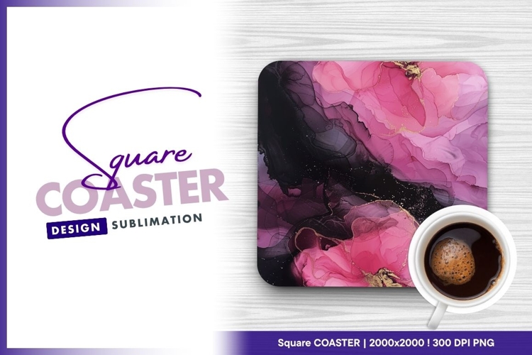 Abstract pink and black floral ink painting square coaster