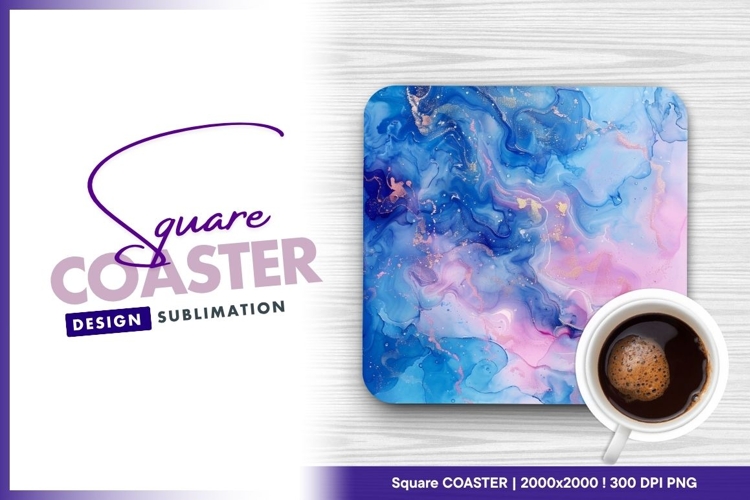 Blue and pink marble abstract with gold square coaster png