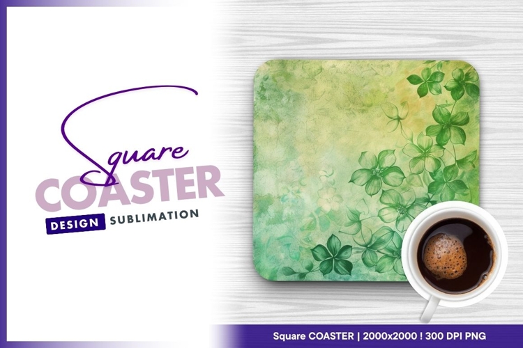 Green floral sketch on textured grunge square coaster png