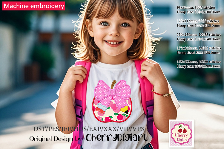 Apple Pencil Bow Machine Applique for Back to School Girls