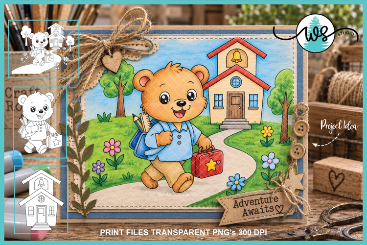 School Bear and Schoolhouse Digital Stamps Printable PNG