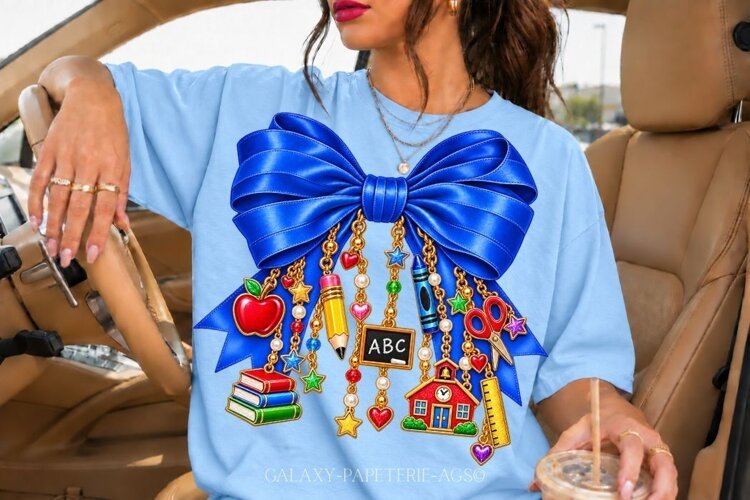 Royal Blue Teacher Bow PNG with School Charms example image 1