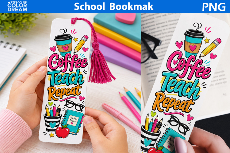 Coffee Teach Repeat Bookmark PNG | Teacher School Art