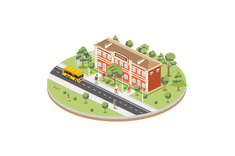 Isometric school building with yellow bus isolated on white