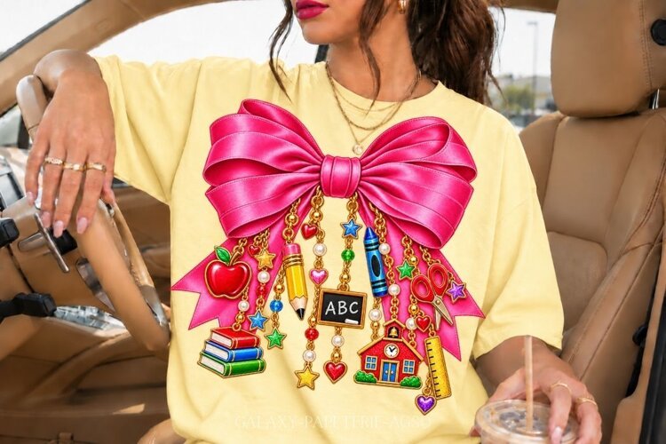 Hot Pink Teacher Bow PNG with School Charms example image 1