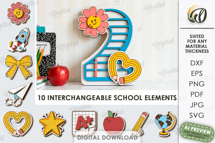 School Number Interchangeable Decor Laser Cut. Two SVG