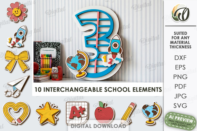 School Number Interchangeable Decor Laser Cut. Three SVG
