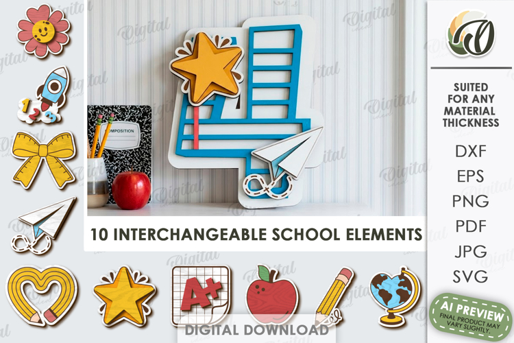 School Number Interchangeable Decor Laser Cut. Four SVG