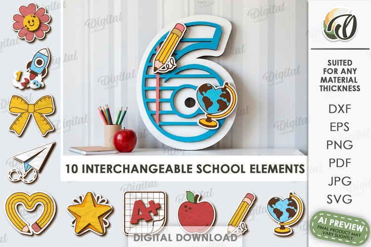 School Number Interchangeable Decor Laser Cut. Six SVG