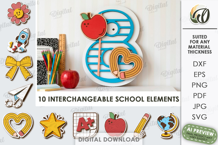 School Number Interchangeable Decor Laser Cut. Eight SVG