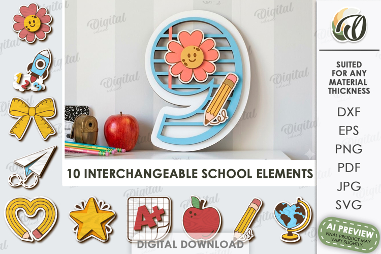 School Number Interchangeable Decor Laser Cut. Nine SVG