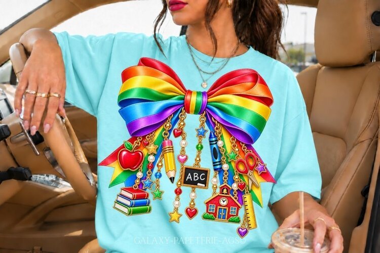 Rainbow Teacher Bow PNG with School Charms example image 1