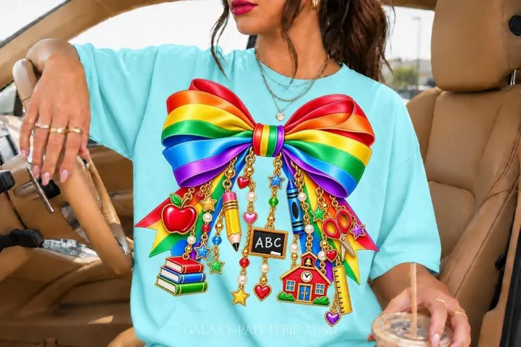 Rainbow Teacher Bow PNG with School Charms
