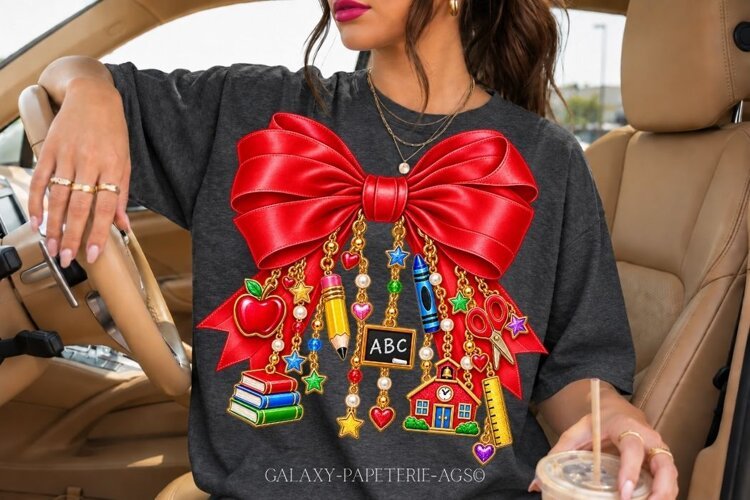 Red Teacher Bow PNG with Apple and School Charms example image 1
