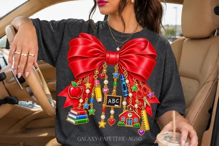 Red Teacher Bow PNG with Apple and School Charms