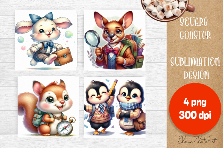 School square coaster for sublimation, cute animal png